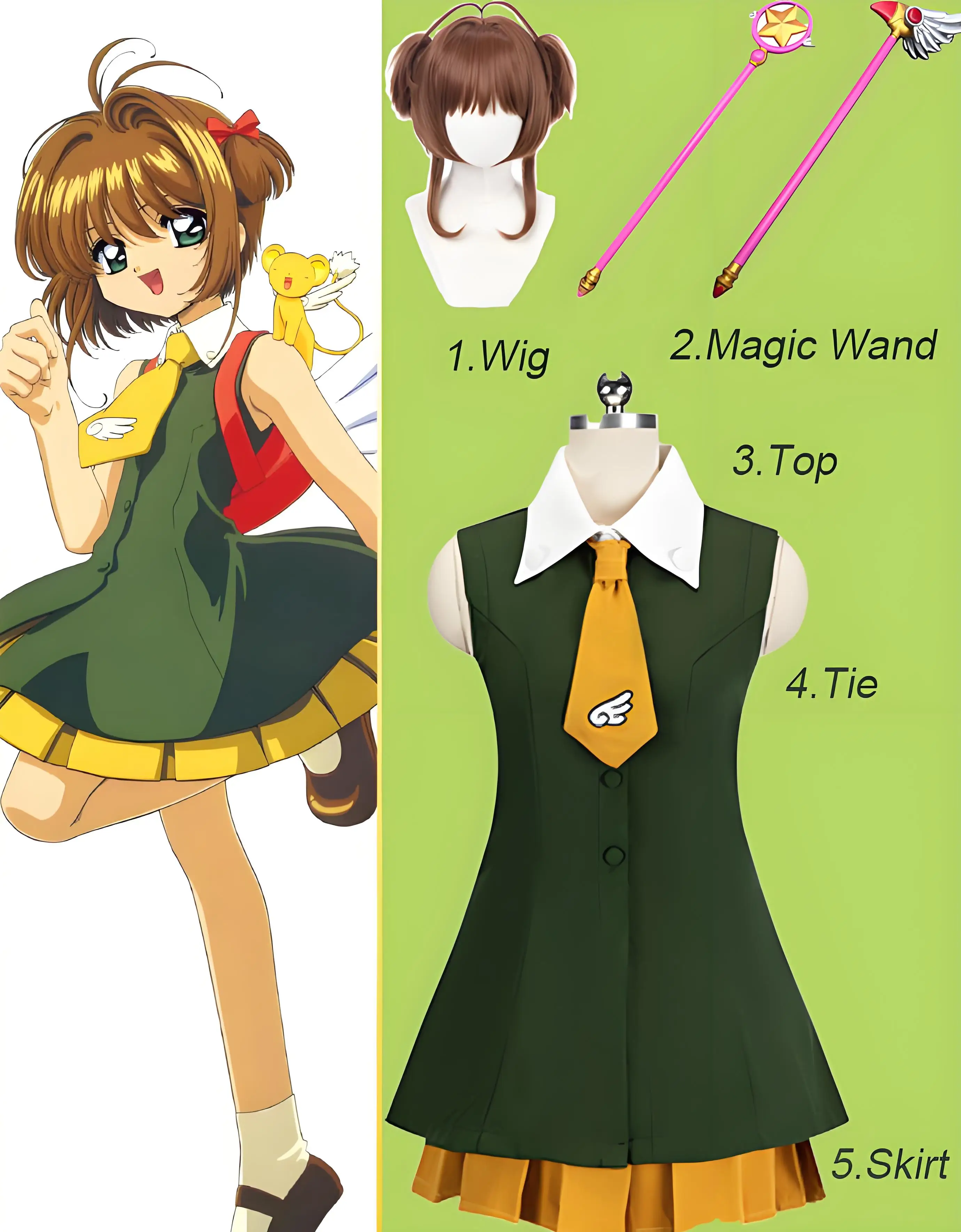 

Japanese Style JK Uniform Set Green Top Yellow Skirt with Necktie - School Cosplay Outfit for Women Halloween Party