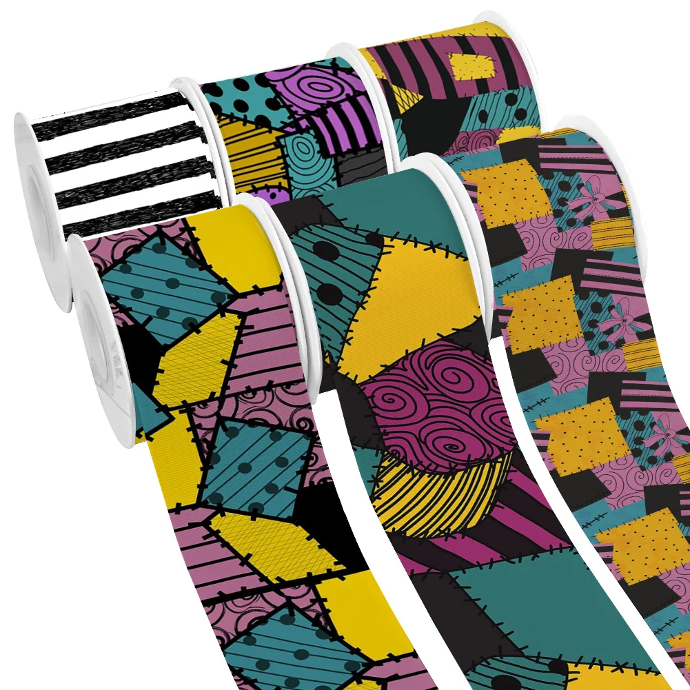 5yards Black Background Cartoon Small Elements Printed Grosgrain Ribbon for Cheer Bows DIY Girl Headwear Hair Bows Satin Ribbon