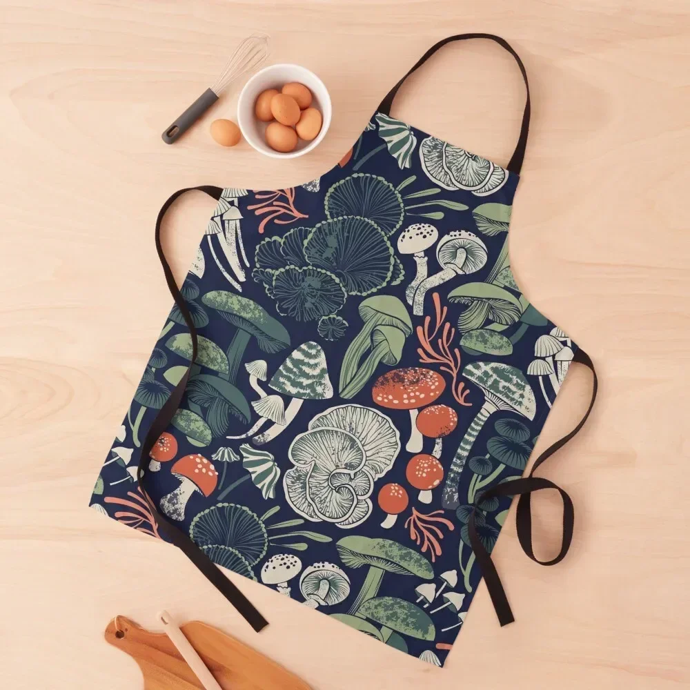 Copy of Mystical fungi // midnight blue background sage and forest green orange wild mushrooms Apron