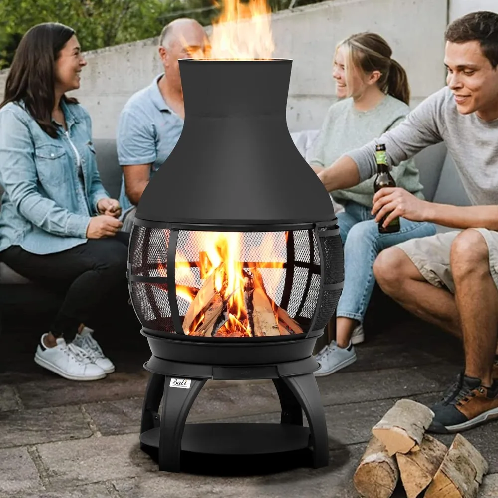 

Fire Pit Wood Burning Chiminea Outside Fireplace Patio Small Firepit, Size 17.7" W x 35.6" H, Brown-Black