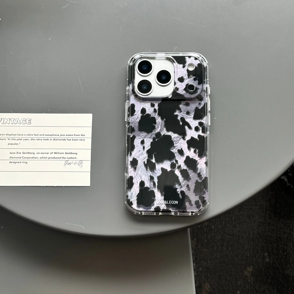 Creativity Graffiti Black Leopard Print Purple Tin Foil Pattern With Lanyard Phone Cover Case for iPhone 17 16 15 14 Pro Max