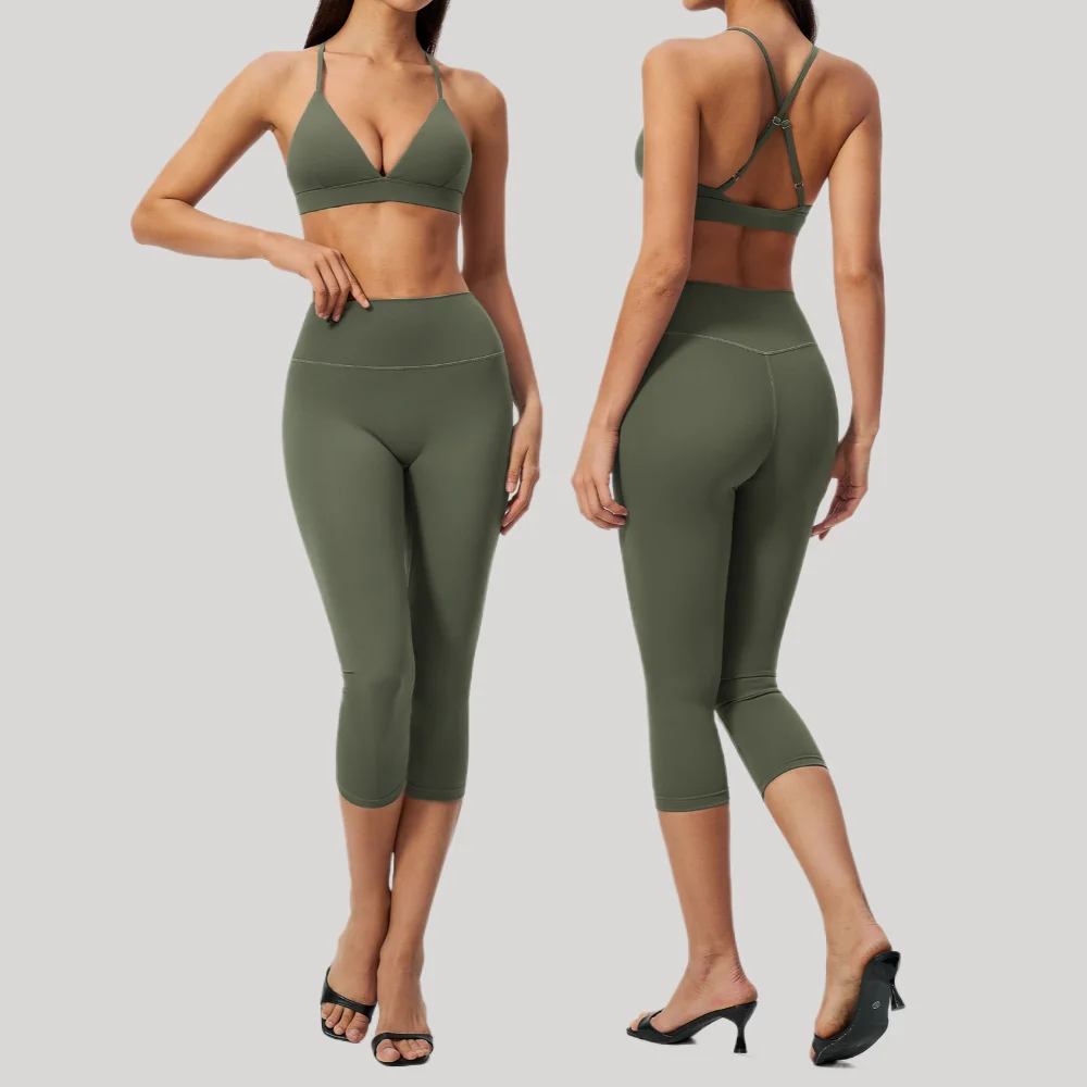 2PCS Fitness Suit Women Yoga Clothing Running Workout Outfits Gym Tracksuit Sportswear Set Cross Back Top Waist Capri Leggings