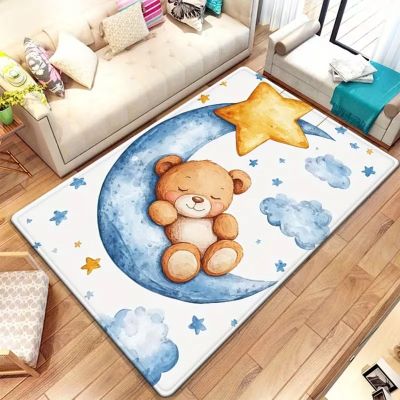 Sleeping Bear on Moon Carpet Non Slip Kid Room Mat Living Room Entrance Carpet Office Floor Mat Nursery Playroom Washable Gift