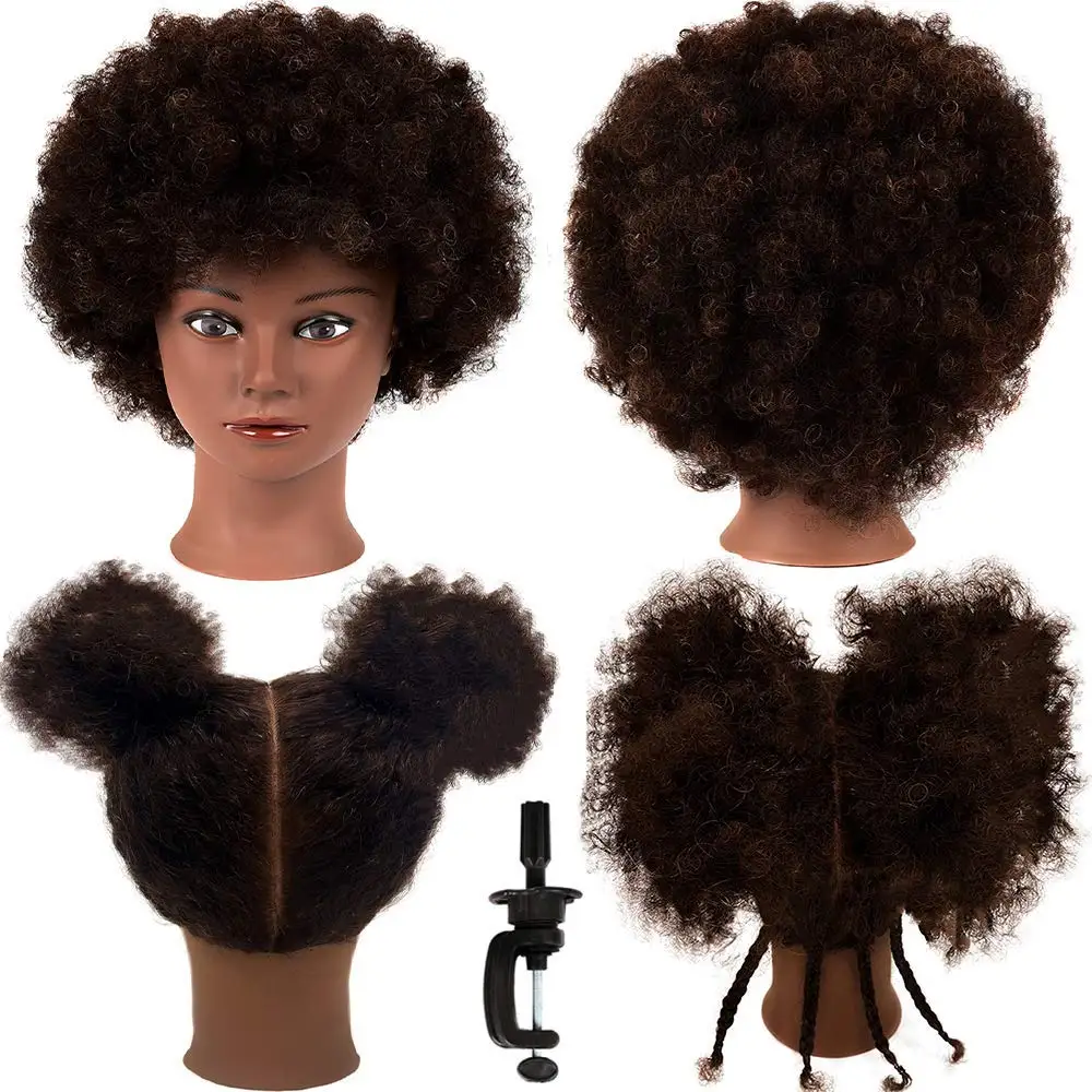

10" Afro Mannequin Head with Short Curly Hair for Braiding, Cutting, Styling Practice - Includes Clamp