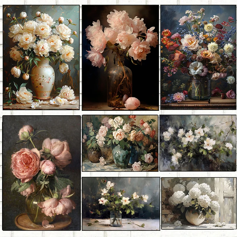 Vintage Bouquet Pink Roses Nordic Fashion Still Life Oil Painting Printed Poster Canvas Paintings Wall Art Pictures Home Decor