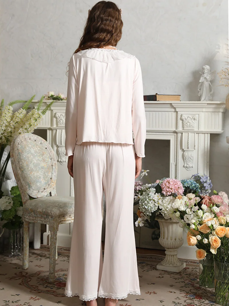 Spring Autumn Sweet Ruffles Lace Modal Home Cardigan Sling Top with Chest Mat Sleepwear Wide Leg Pants Three Piece Set for Women - view 3