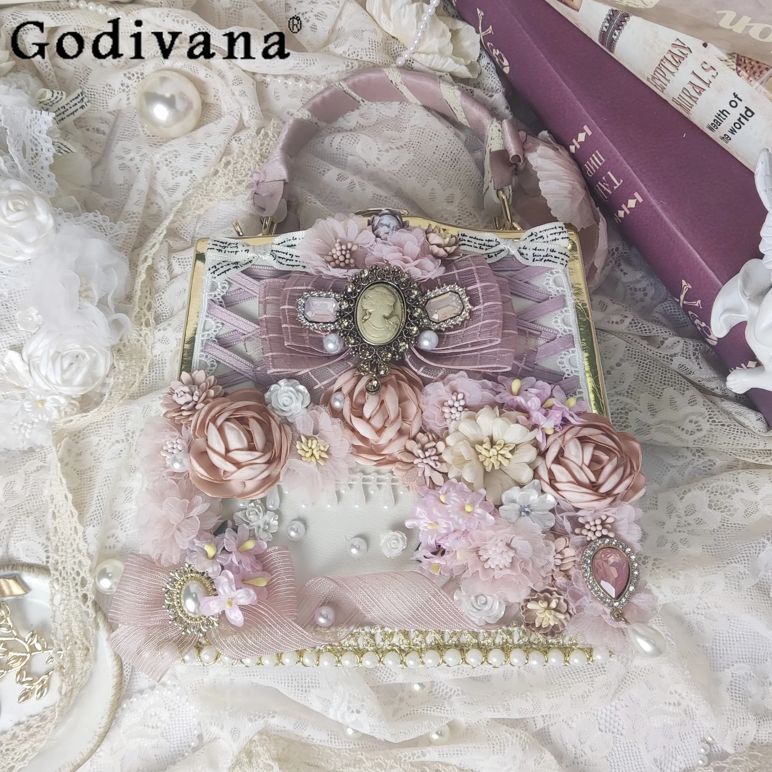 

Japanese Original Lolita Flower Wedding Gorgeous Cla Pink Handbag Retro Lady Flower Jk Comic Show Oblique Span Bag