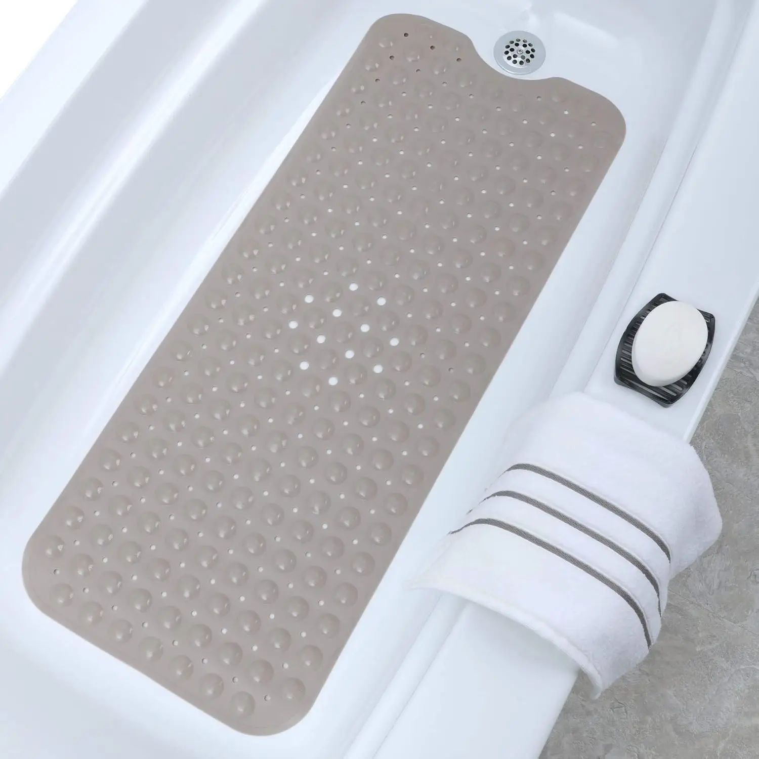 

Extra Long Non-Slip Bath Mat 39x16, 200 Suction Cups, Drain Holes, Machine Wash, Tan