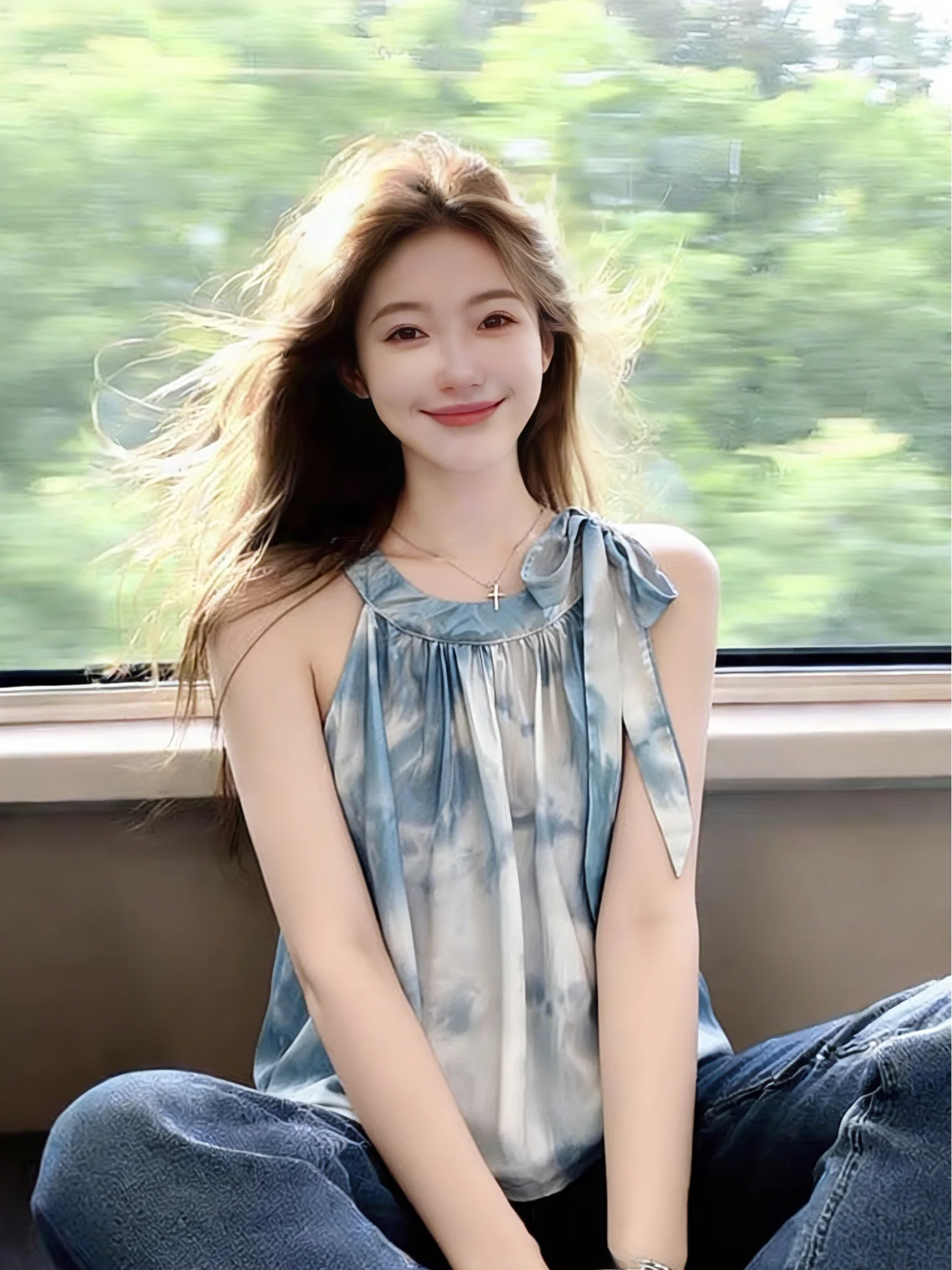Blue Gradient Tie Dye Vest Women's Summer New Sweet Sister Skirt Hem Top Self-Kept Style Knot Neck Strap Vest
