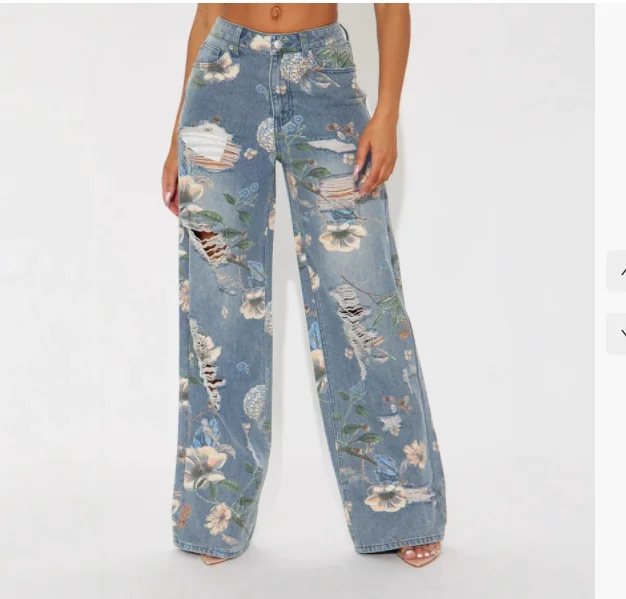 High Waist Jeans Women Wide Leg Denim Cotton Pants Floral Print Ripped Baggy Trousers Vintage Y2K Style Streetwear