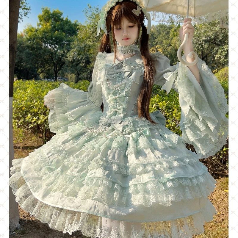 สีเขียวสไตล์เจ้าหญิงฤดูใบไม้ร่วงและฤดูร้อนใหม่ผู้หญิง SLIM-Fit น่ารัก Bow Lolita สไตล์มินิชุดญี่ปุ่น Kawaii ชุด