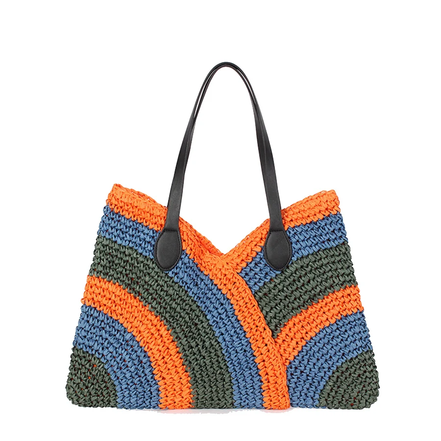

Женская сумка радужного цвета, летняя пляжная сумка, плетеная из ротанга, ручной работы, вязаная из соломы, большая вместительная сумка-тоут, женская сумка через плечо