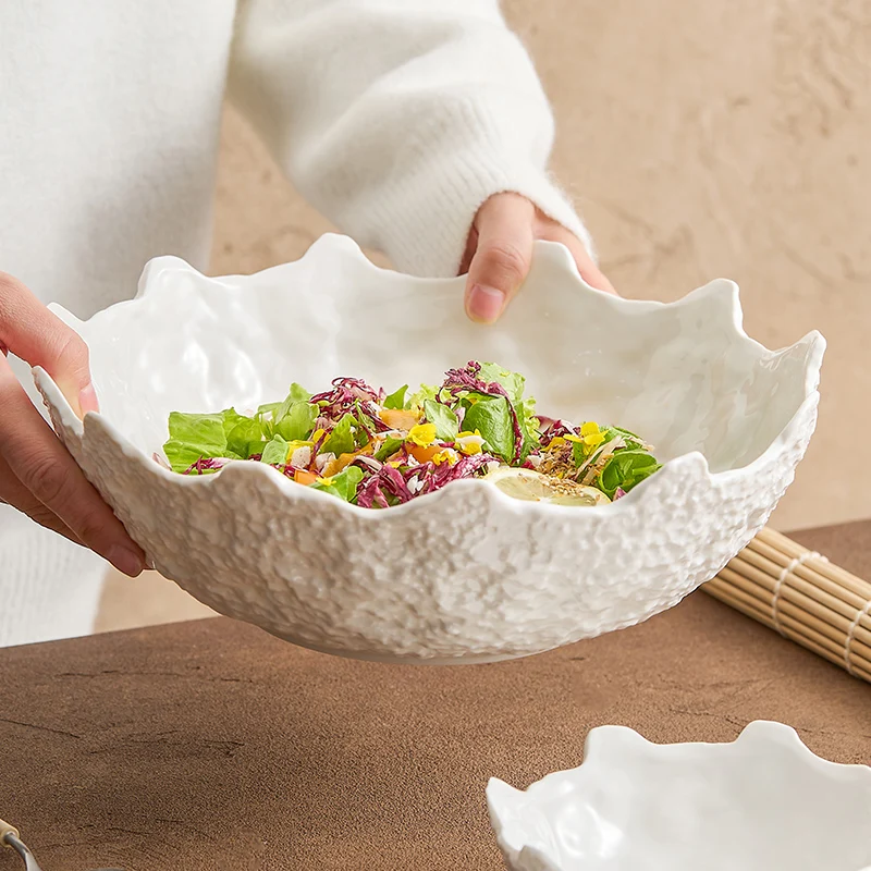 

White Ceramic Tableware Fruit Salad Bowl Home-used High-quality Hotel Restaurant Creative Irregular Plate Sashimi Bowl