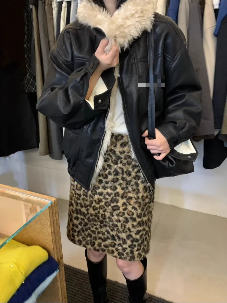 

Сексуальная леопардовая юбка для женщин, облегающая, из утолщенной шерстяной ткани, в корейском стиле, модная облегающая юбка-карандаш 2026