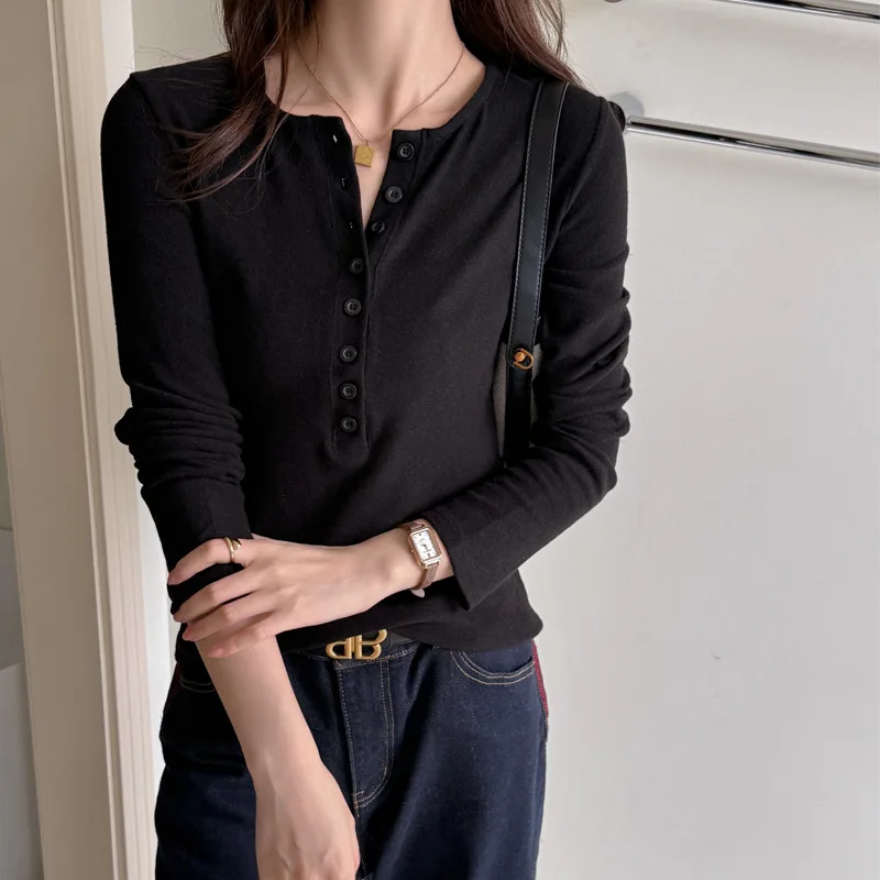 Brushed Flannel Loose-Fit Button Long-Sleeve T-Shirt Women Outerwear Autumn Winter Layering Soft Stretch Fitted Base Layer .
