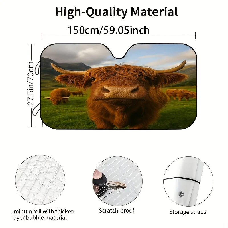 1pc Of Shanye Highland Cattle Pattern Car Windshield Sunshade, Avoid Vehicle Exposure And Heat Up, Reduce Interior Loss, Suitabl
