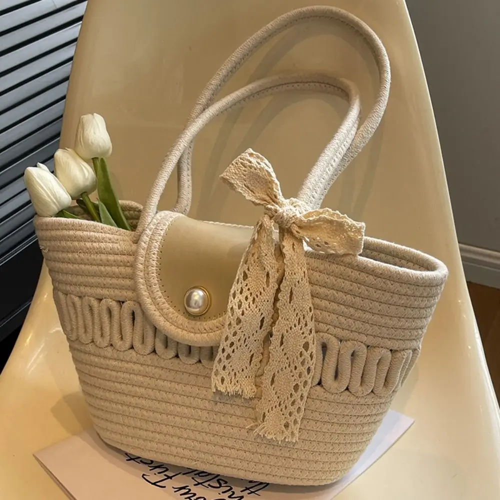 

Retro Storage Handmade Woven Bag Cotton Handmade Handbag Rope Woven Countryside Style Beach Bag