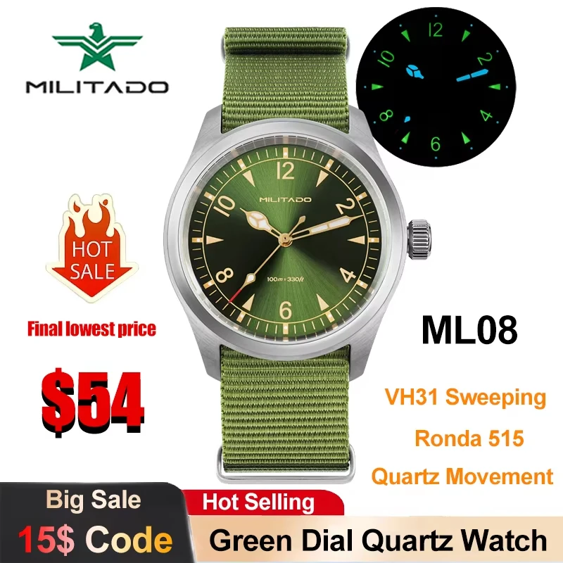 Militado ML08 Quartz Watches VH31/Ronda 515 Movement Sapphire Crystal Vintage Watch 38mm Green Dial 100 Waterproof Mans Watch