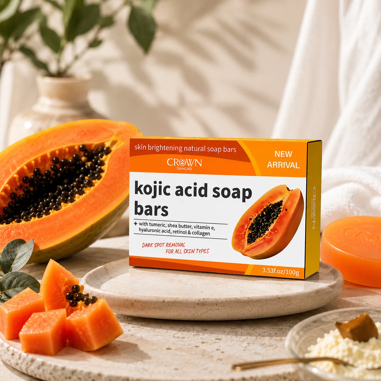 

3Pcs Papaya Kojic Acid Soap Reducing and Moisturizing Fine Lines Skin Lightening Gentle Refreshing Deep Cleansing Handmade Soap