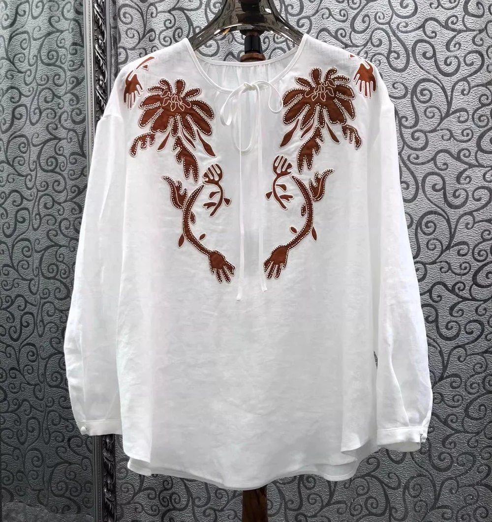 100%Linen Tops 2026 Spring Summer Designer Fashion Women Beading Embroidery Deco Long Sleeve Elegant Loose White Yellow Blouses