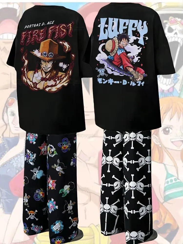 

2026 New Anime One Piece Summer Cotton Tshirts With Pajamas Pants Oversized Suits For Adult/kids Men Women Clothes Homewear Sets