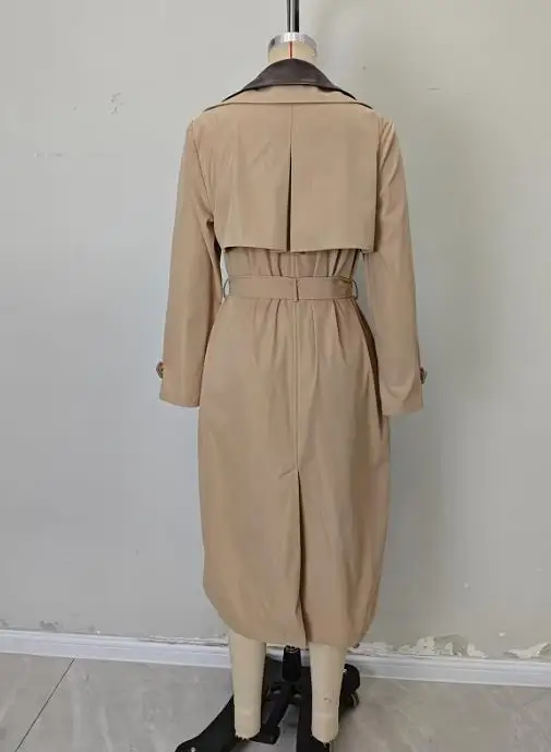 レディース トレンチコート 2025 春秋新作 カーキ レザー切り替え ノッチドラペル 長袖 ダブルブレスト ロング ウィンドブレーカーコート