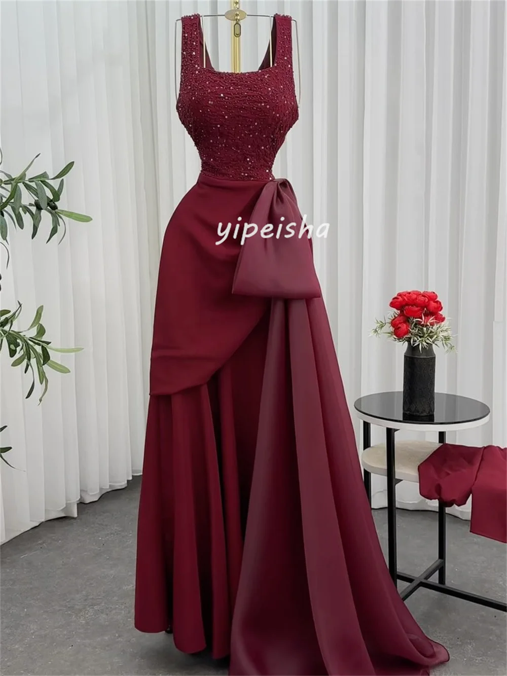 Customized Fashion Intricate Jersey Bow Beading Sequined A-line Square Neck Long Dresses Bespoke Occasion Dresses High Quality