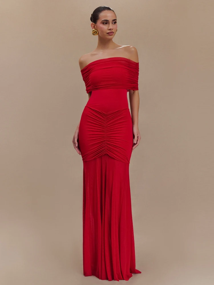 

Сексуальное сетчатое лоскутное длинное платье с открытыми плечами, женское красное платье без бретелек с рюшами, тонкие платья макси для вечеринок знаменитостей на день рождения