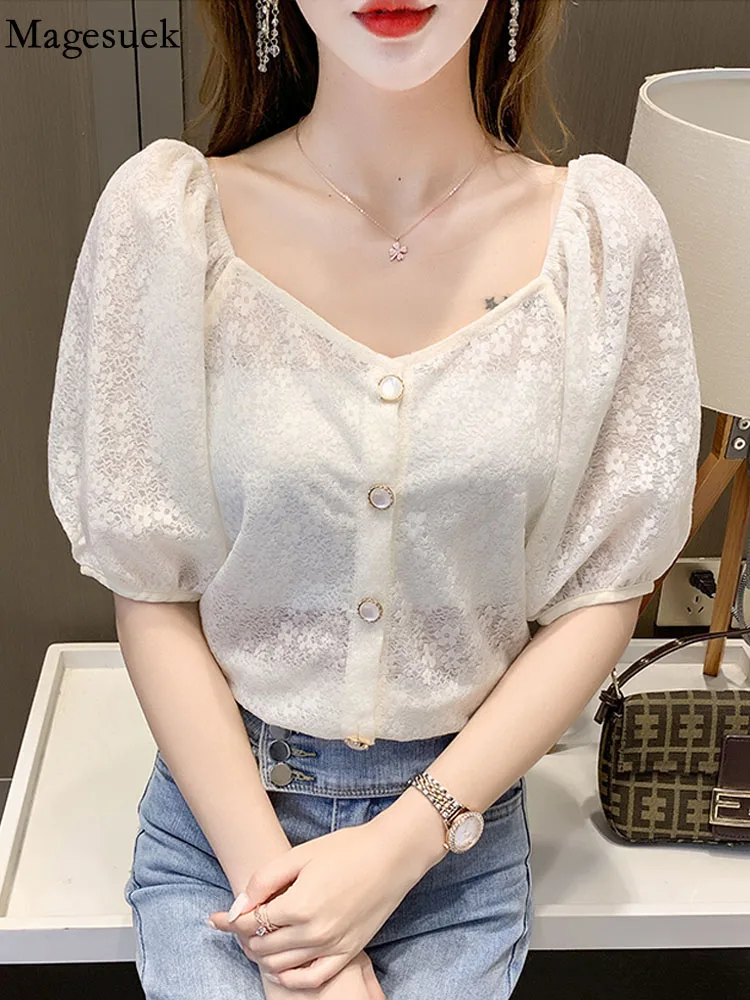 

Sweet Puff Short Sleeve Lace Blouse Casual V-neck Button Chiffon Shirt Summer Crochet Hollow Solid White Blouse Slim Tops 19848