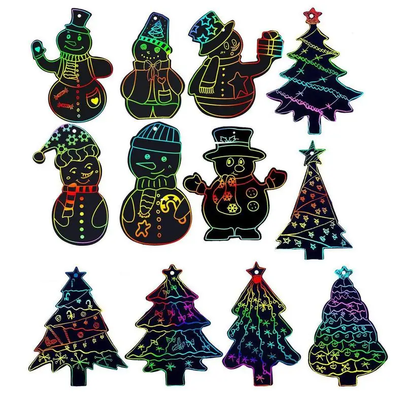 12pcs คริสต์มาส Rainbow Magic Scratch Off ชุดกระดาษ Christmas Tree Snowman Scratch กระดาษ DIY Graffiti Art ชุดของขวัญเด็ก