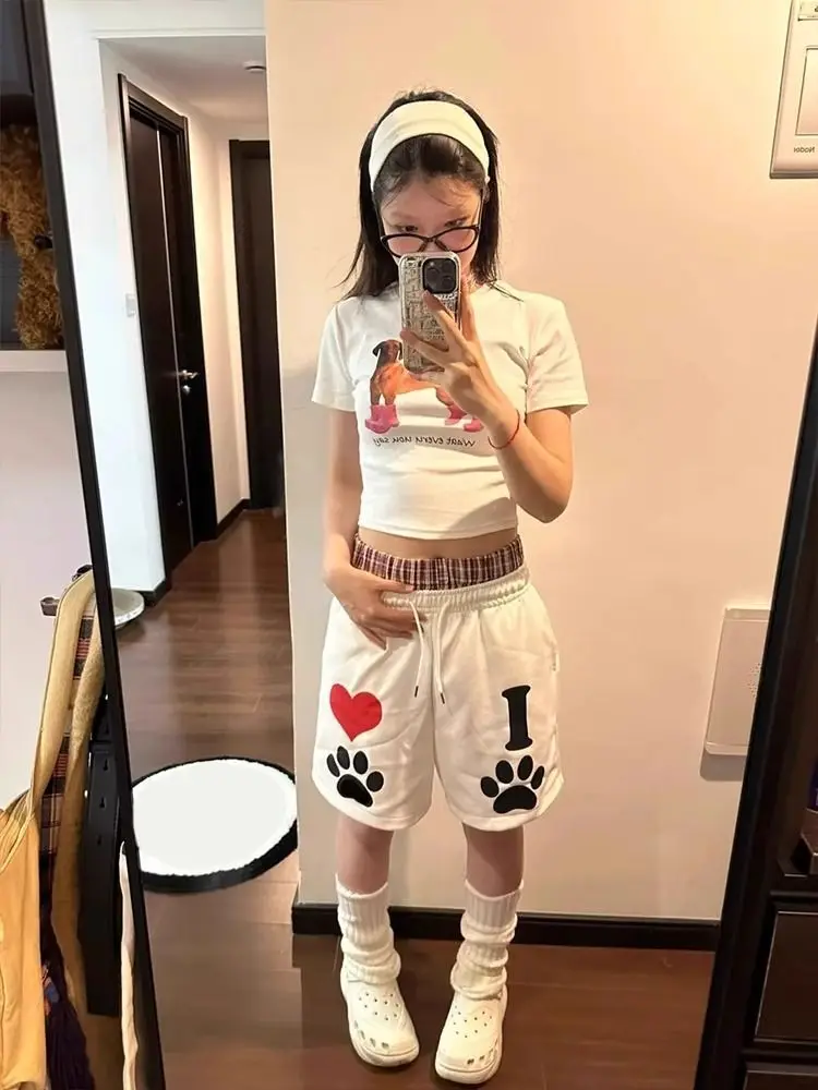 HOUZHOU Kawaii Japanese Style Shorts Women Print White Sports Short Pants Preppy Style Sweet Patchwork Casual Wide Leg Shorts