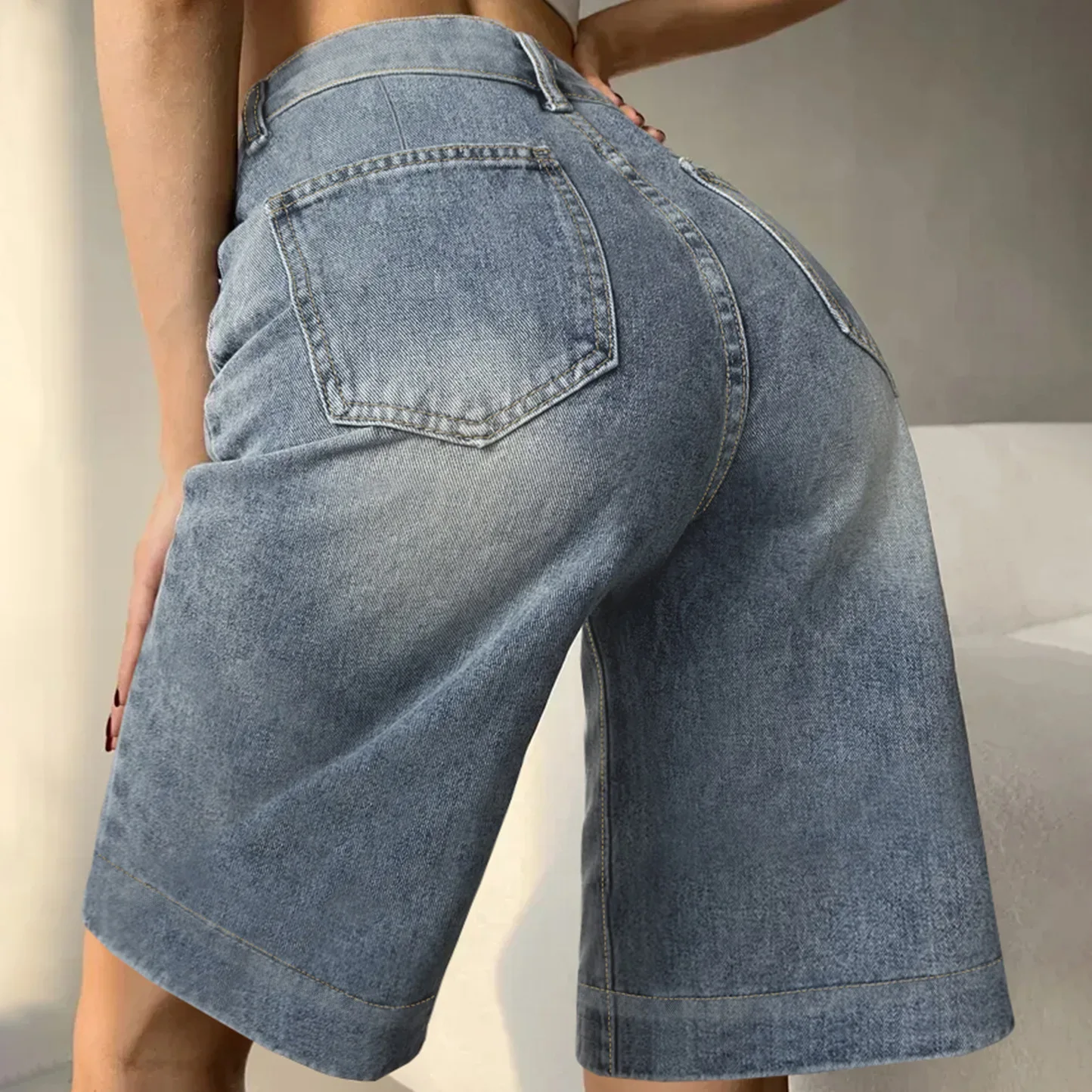 Fashionable Retro Denim Wide Leg Short Pants Women's Loose Slim Straight Casual Mid-Length Summer New Style High Waist Jeans view 2