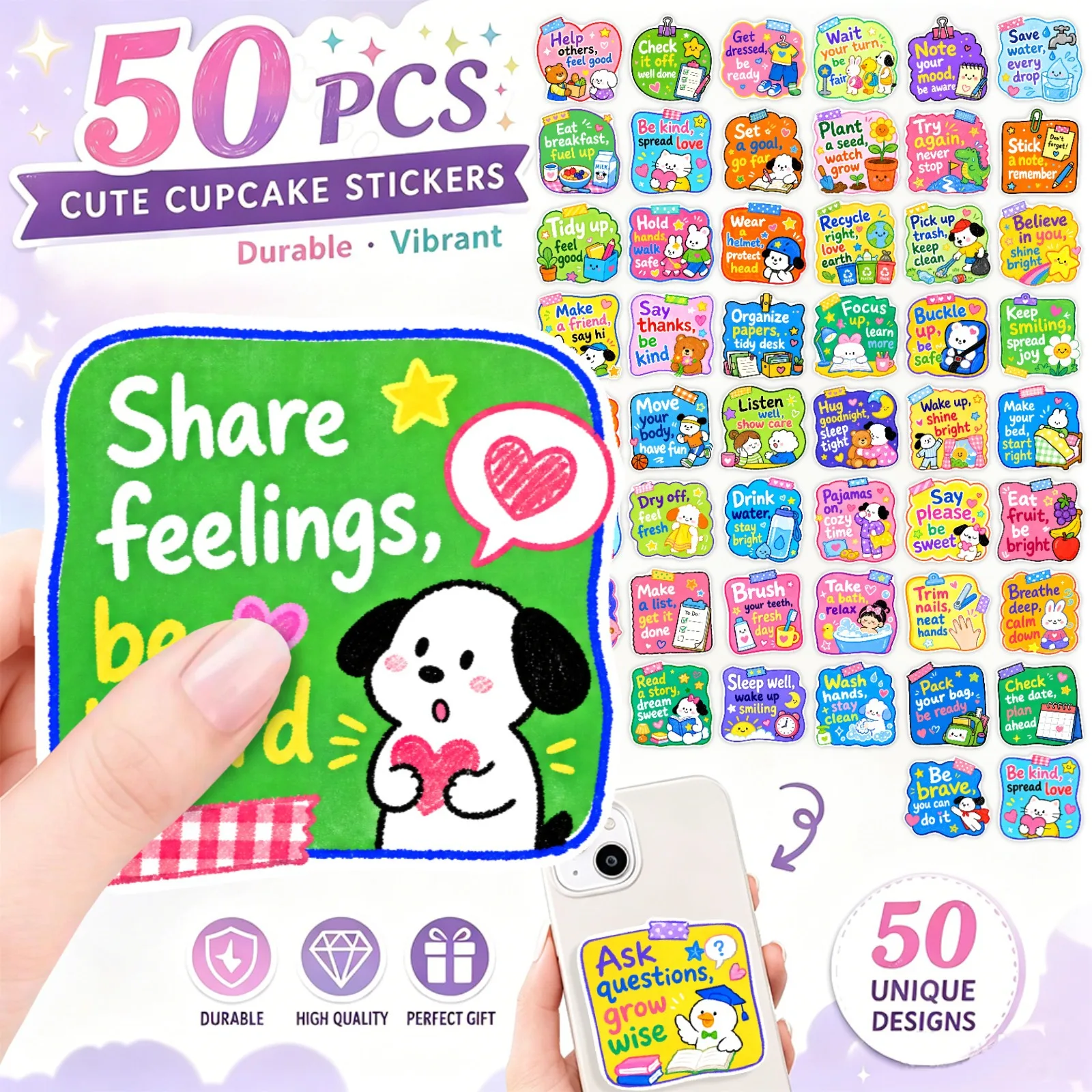 50Pcs Cute Cartoon Self-adhesive Stickers Behavior Guide Stickers Kids Daily Manners Slogan Decals For Home Classroom Wall Decor