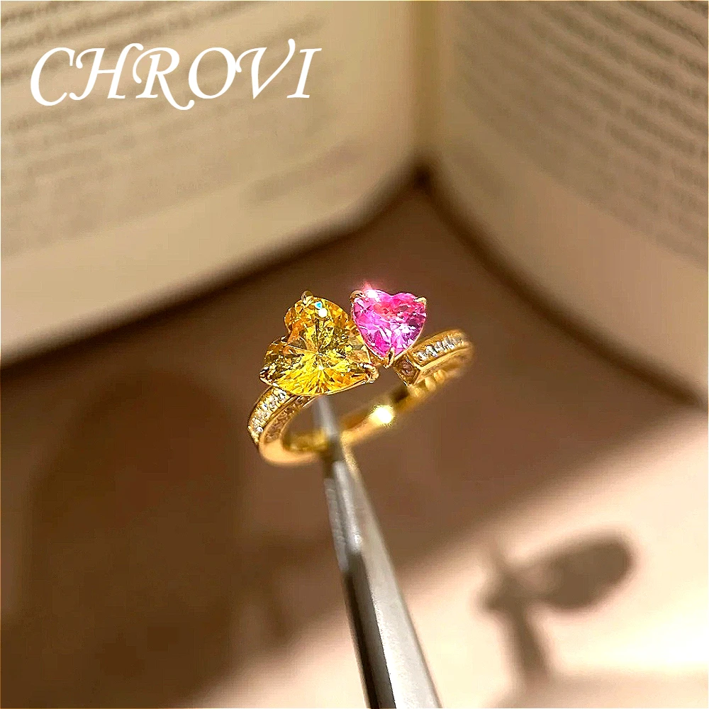 French vintage double heart gold diamond ring - Luxurious and fashionable girl color fusion multi-layered finger ring for women