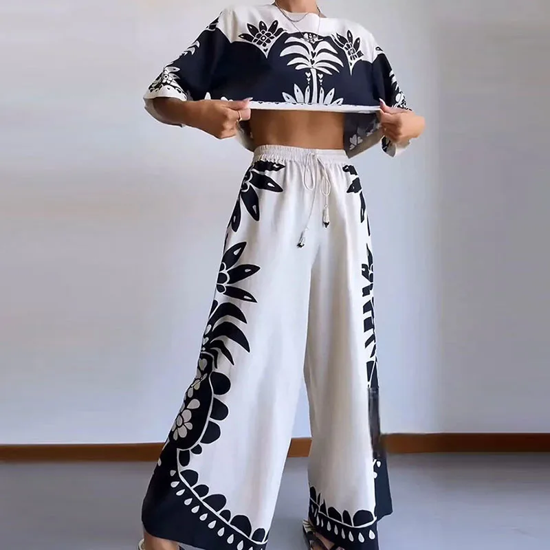 

2024 Casual Loose Suit Spring Summer O Neck Tops Pullover And Wide Leg Pants Outfit Fashion Bohemia Print Women Two Piece Set