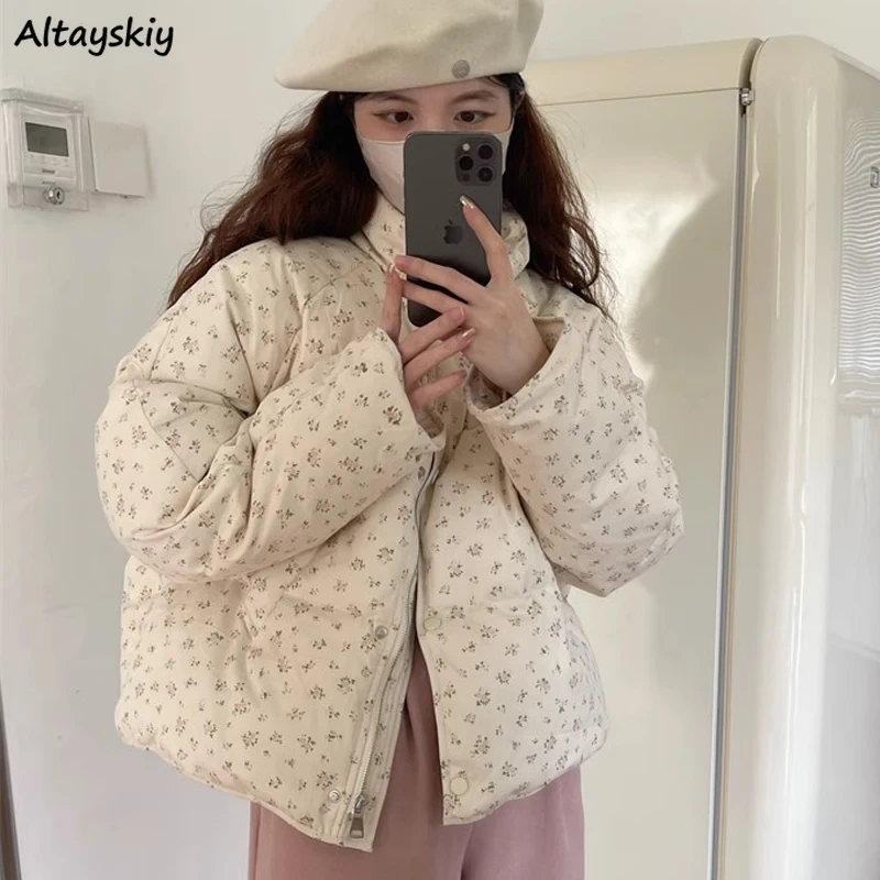 Women Parkas Floral Printing Thicker Keep Warm Stand Collar All-match Sweet Loose Casual Bread Coats Aesthetic Ulzzang Winter