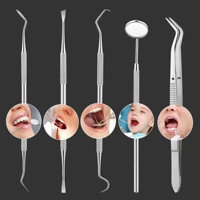 Kit de ferramentas para limpeza de dentes dentais, 6 tamanhos de aço inoxidável, espelho dental, sonda dupla, foice/hoe, remoção de tártaro, kit de cuidados bucais