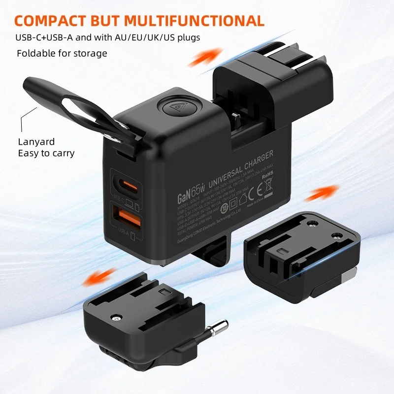 LDNIO GaN 65W Szybka ładowarka typu C Uniwersalny adapter podróżny z wtyczką US EU UK AUS Uniwersalna przenośna ładowarka USB do podróży — zdjęcie produktu 2