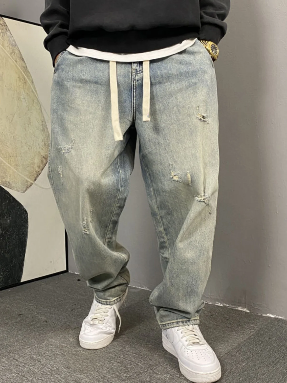 

Мужские джинсы Extra Large 300 Pou American Sle Haome Waed, винтажные, с дырками, прямые, свободные, повседневные, для молодежи...