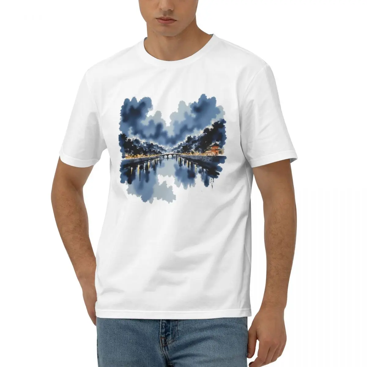 Combed Cotton T-shirt Modern Minimalist Seoul Han River Trendy Art Creative Reflection Of City Lights On Water Contemporary Tops