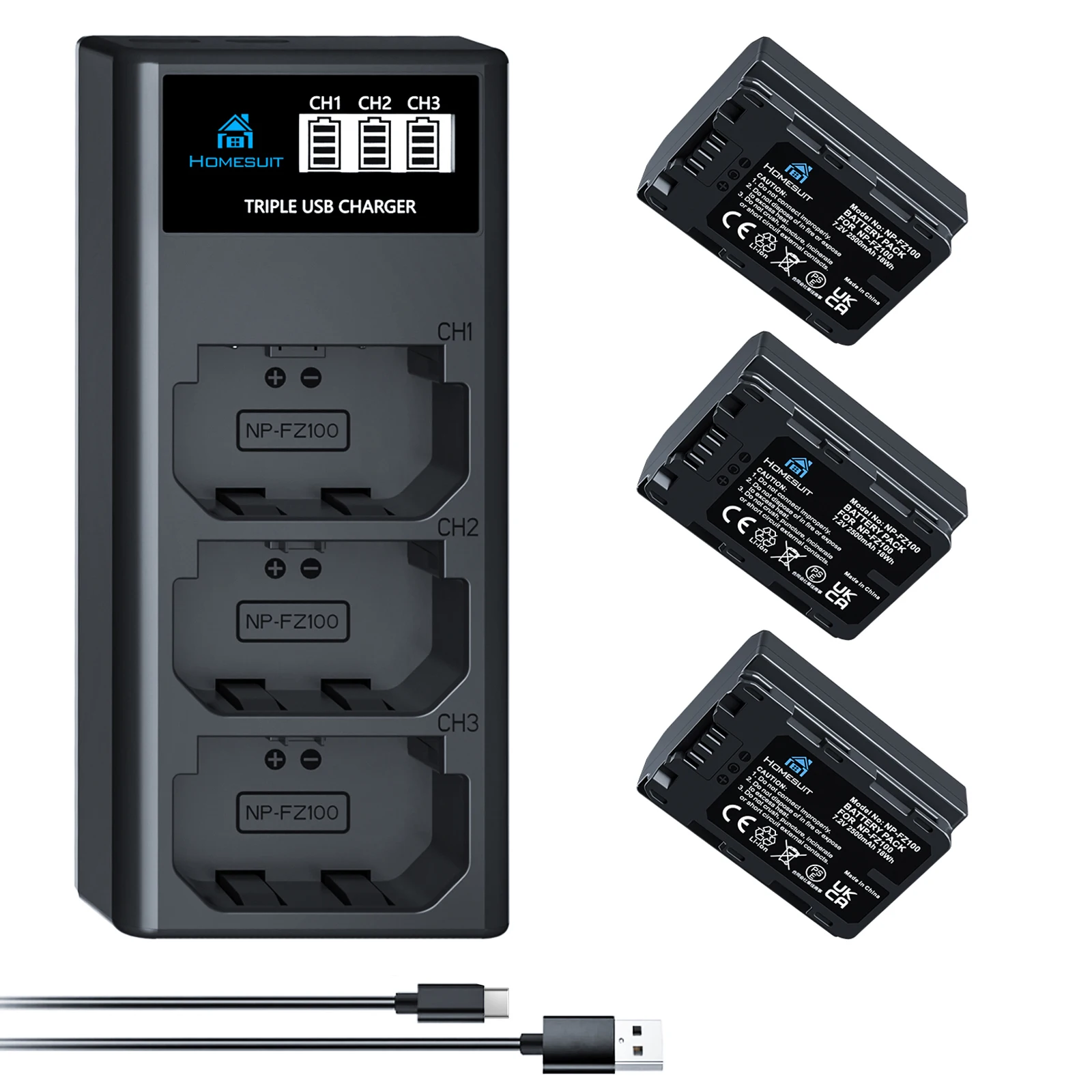 NP-FZ100 Battery 2500mAh and LCD Charger for Sony ZV-E1, FX3, FX30, A7RIII/V/IV, A7SIII/A7III/IV, A7C, Sony A6600/A6700