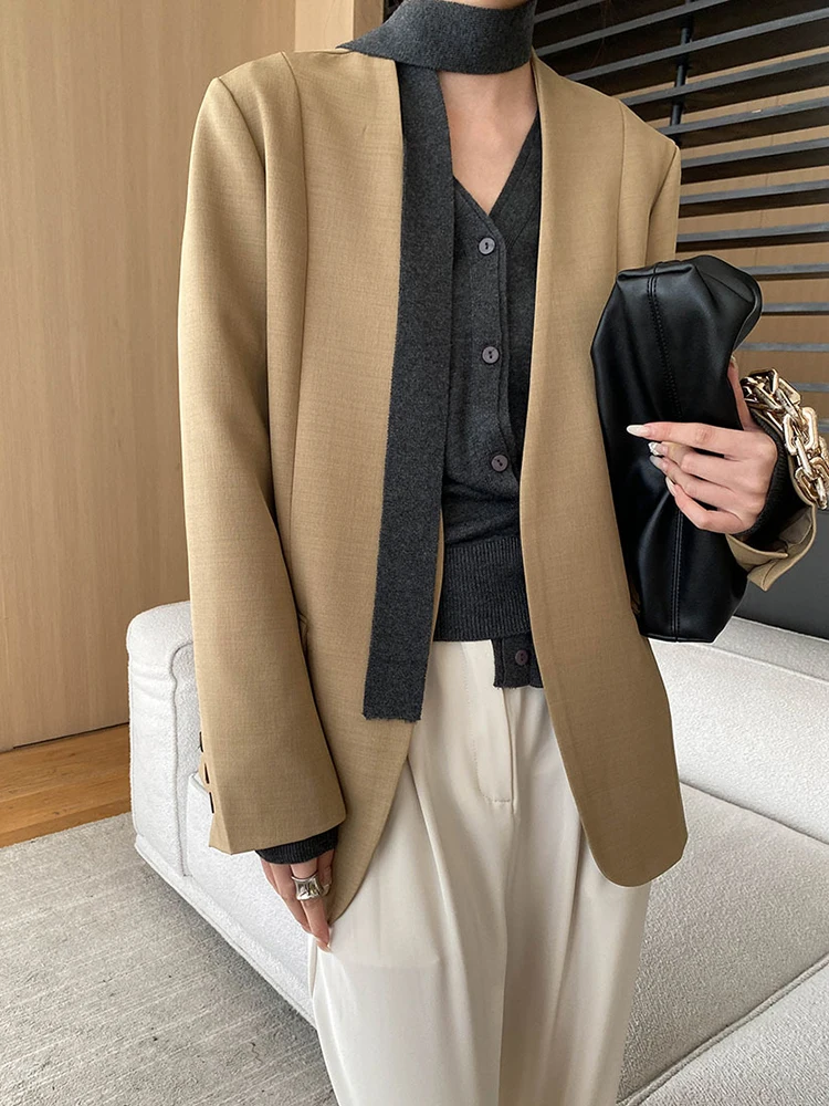 Lanmrem Büro Dame Blazer Frauen V-Ausschnitt lange Ärmel einfarbig elegante Minimalismus Mäntel 2024 Herbst neue Kleidung 2 z3036