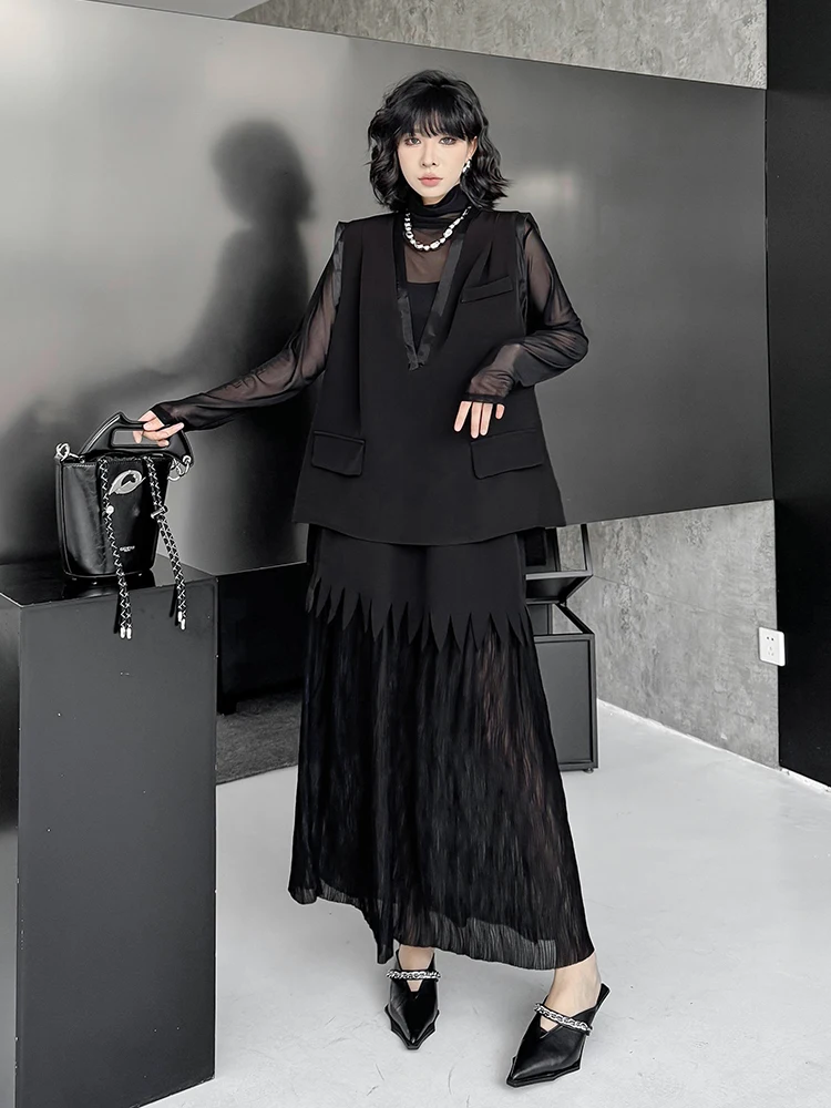 

Dark Style Fashion Set Slimming V-neck Tank Top Elastic Waist Lace Splicing Skirt Polyester Fiber Spring Autumn Women