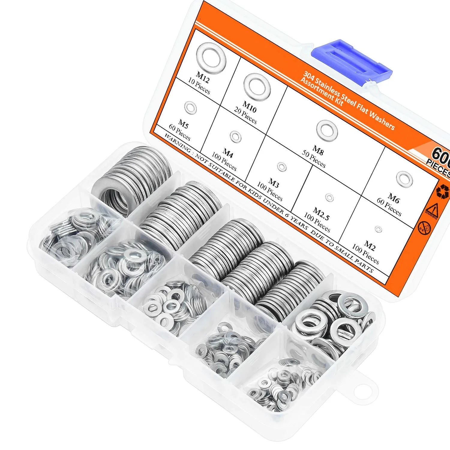 600 PCS Multi Specification M2 2.5 3 4 5 6 8 10 12 Box Gasket Round 304 Stainless Steel Flat Gasket Combination Set