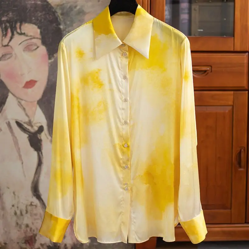 

Women's Yellow Watercolor Print Long Sleeve Satin Shirt Turn-Down Collar Elegant Casual Blouse