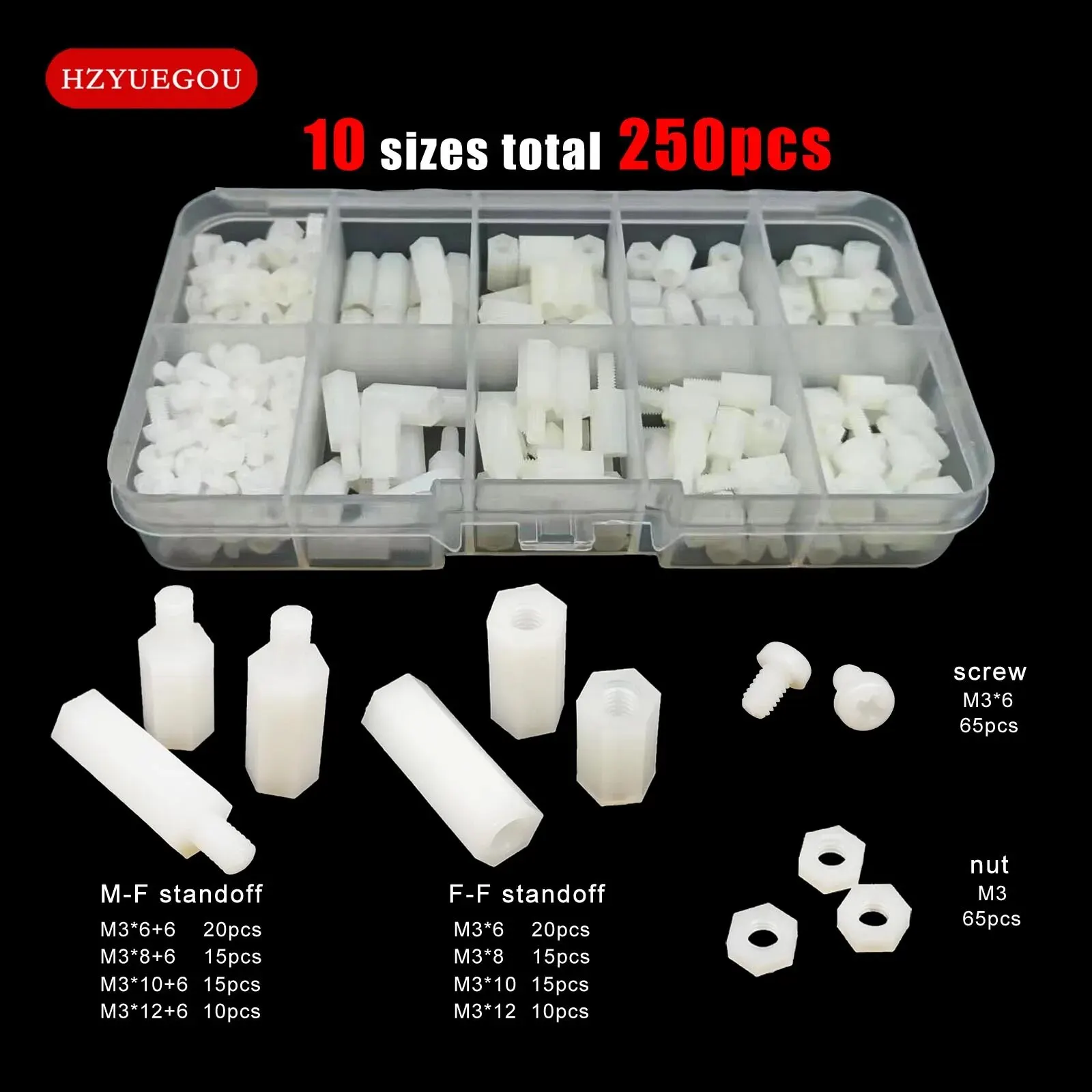 White Plastic Nylon Isolados Hex Standoff, Hexágono Pilar Spacer, Coluna Parafuso Porca, Misture Tamanho Variedade Kit Set, 250Pcs por Caixa, M3