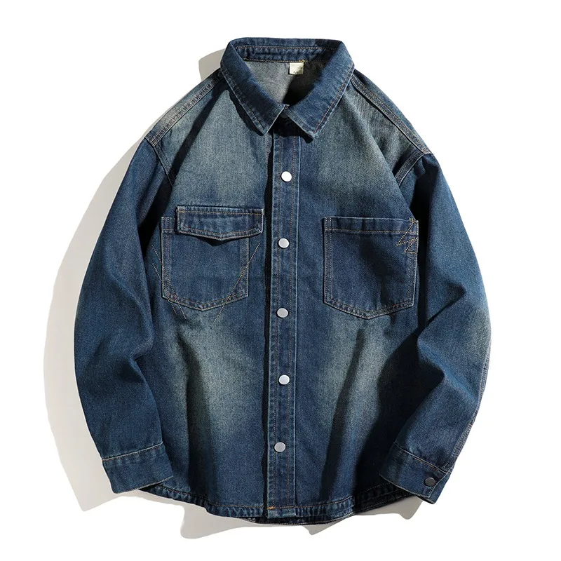

Мужская джинсовая рубашка в стиле ретро-американский винтаж, весенне-осенняя, повседневная, свободного кроя, удлиненная, рабочая, модная, на пуговицах