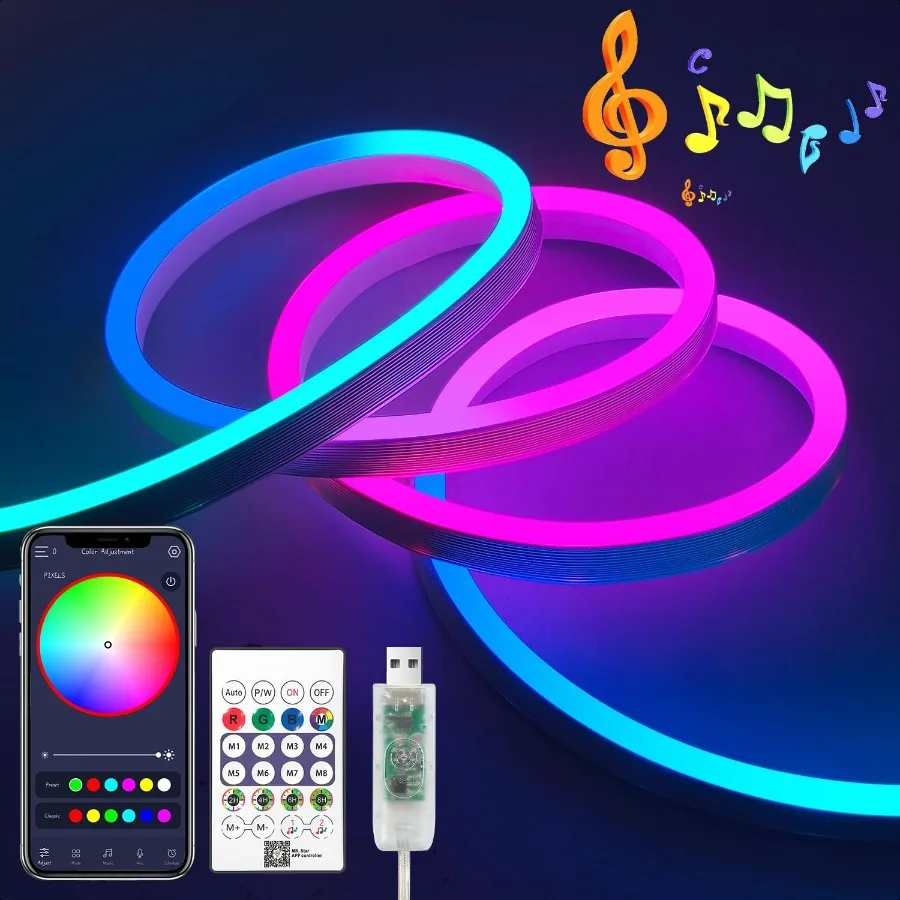 

RGB Smart IC 5V USB Неоновые светодиодные ленты 16,4 фута 5M Неоновые веревочные огни Гибкие многоцветные IP67 Водонепроницаемые светодиодные ленты для телевизора