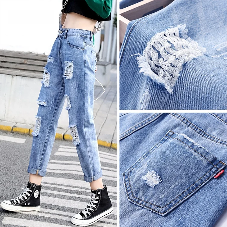 

High Waist Hole Denim Jeans Women's Summer Thin Loose Super Slimming Versatile Dad Poor Man's Trendy Cotton Elastic Harlan Pants