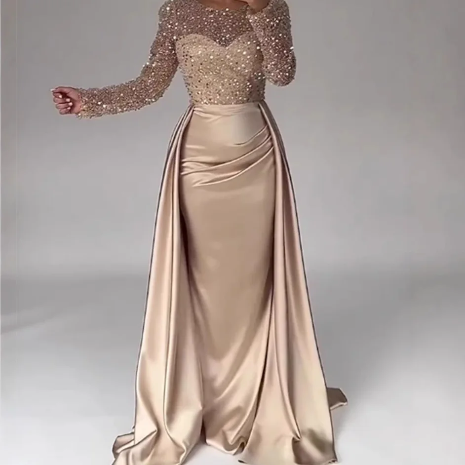2026 Elegant Evening Dresses Women's Chic Sequin Splice O-neck Long Sleeve Pleated Maxi Dress Sexy High Waist Slim Banquet Gowns